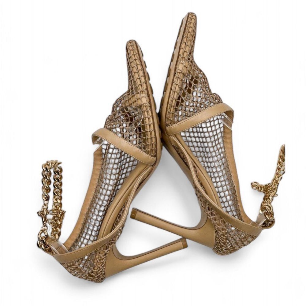 Authentic BOTTEGA VENETA Tan Sand Tex Mesh Gold Trim Runway Sandals Size… - Picture 13 of 16